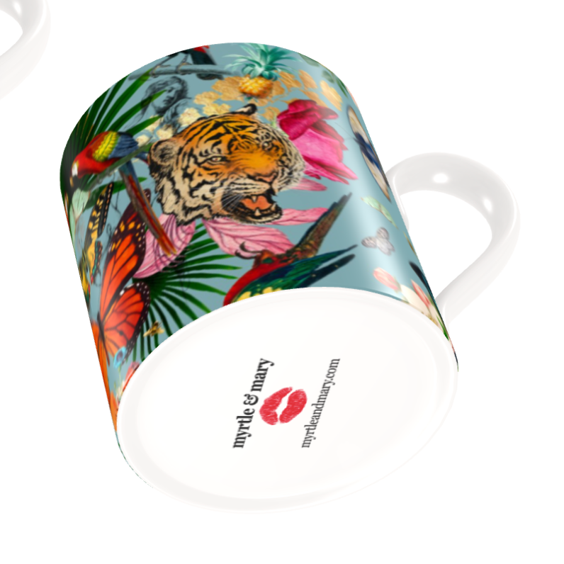 underside of a Luxury bone china coffee cup in a maximalist vintage blue tropical design called - Paradise Lost 'Epoque'