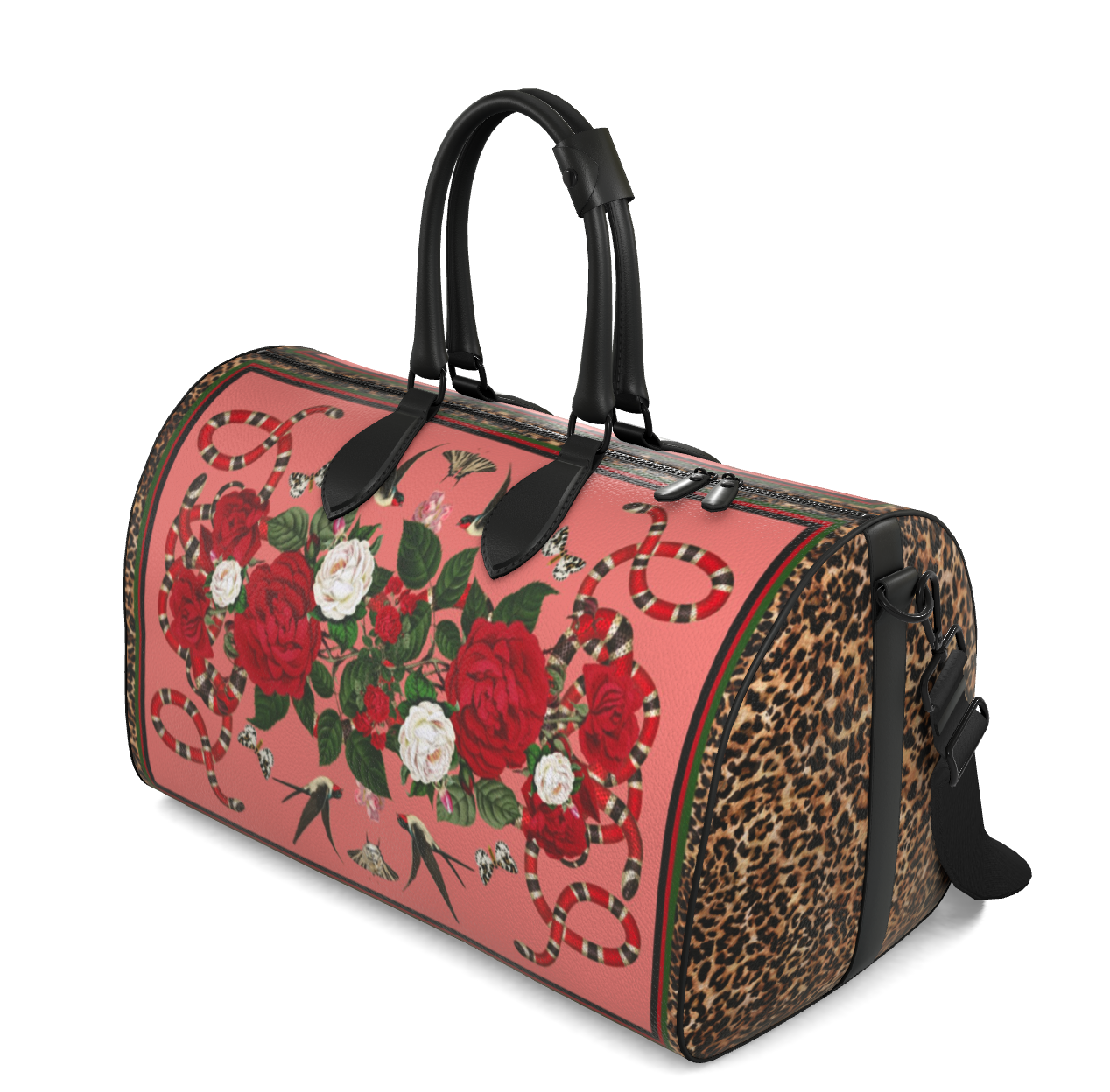 Rock 'N' Roses - Weekender Leather Duffle Bag - Flamingo
