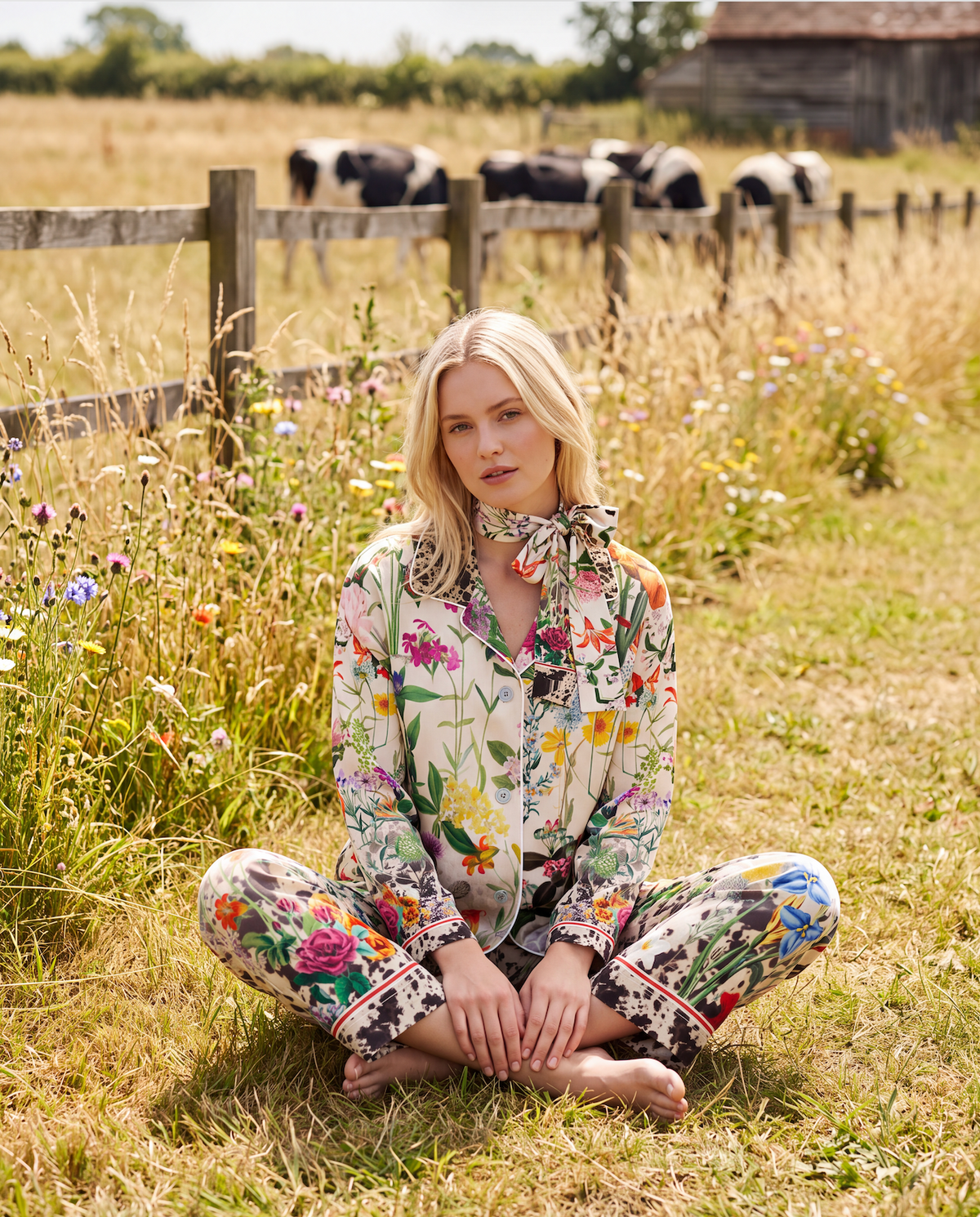Bloom Fade Cow Print Women's Silk Pyjama Blouse