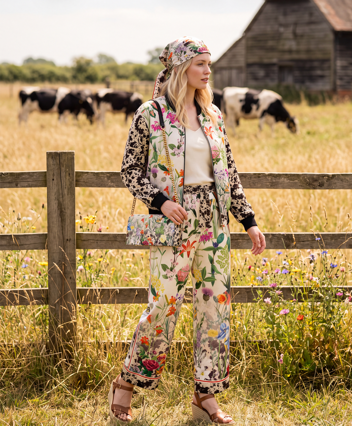 Bloom Fade Cow Print Women's Satin Bomber Jacket