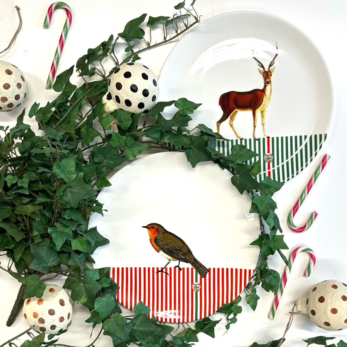 Candy Cane Deer China Plate- Red