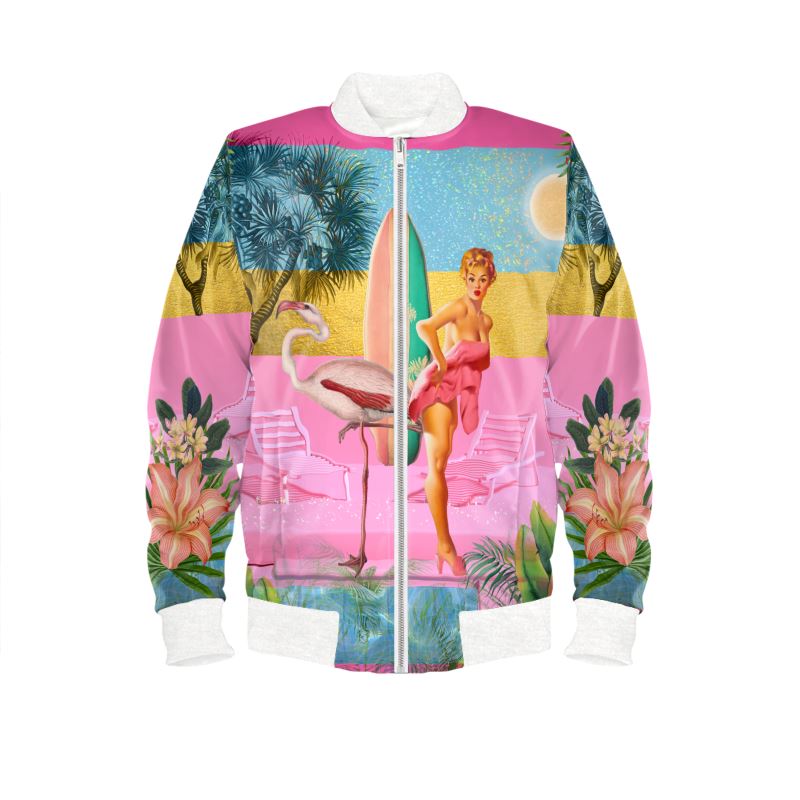 Luxury satin bomber jacket in a maximalist pink retro barbie design