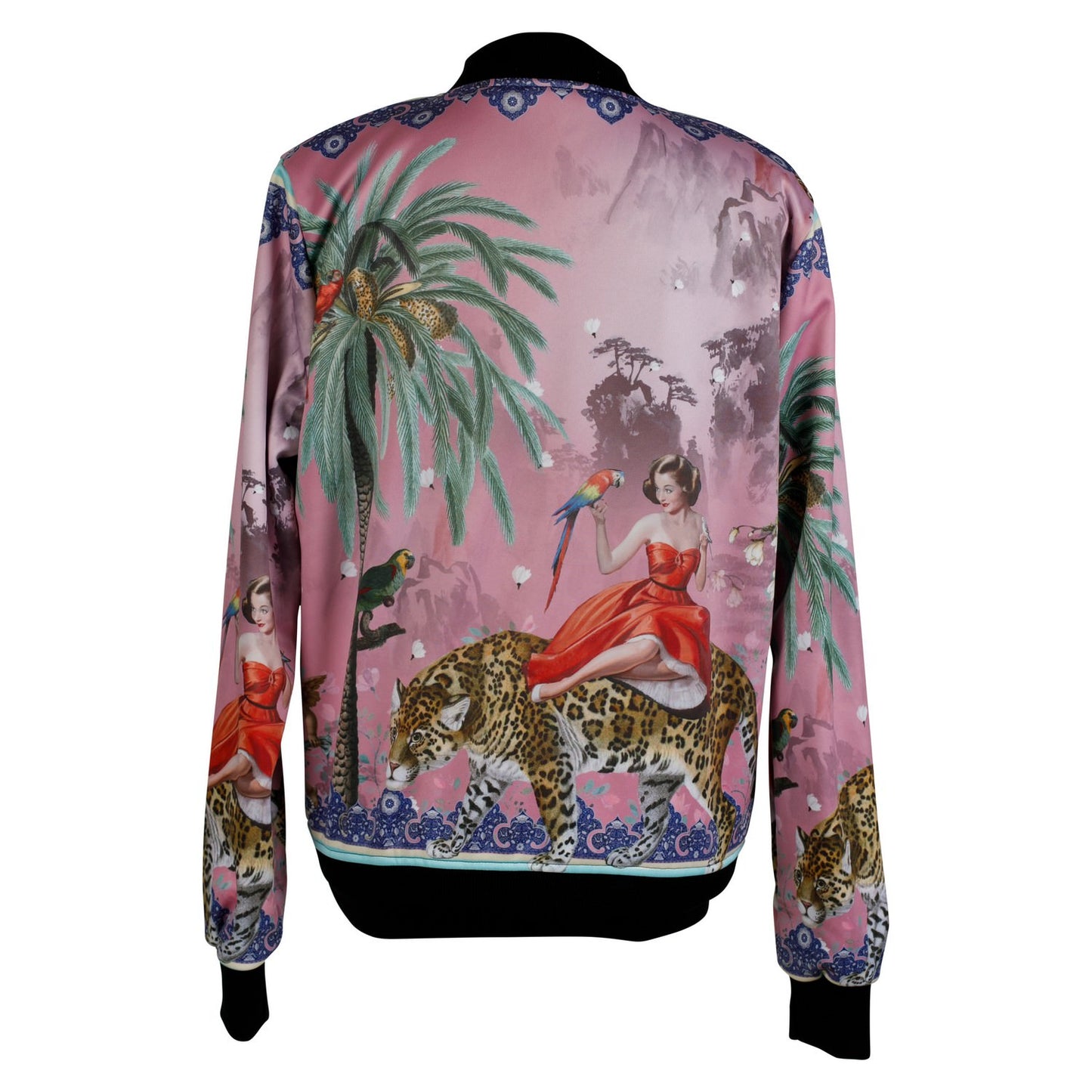 A back view of luxury softshell bomber jacket in a maximalist vintage pink design