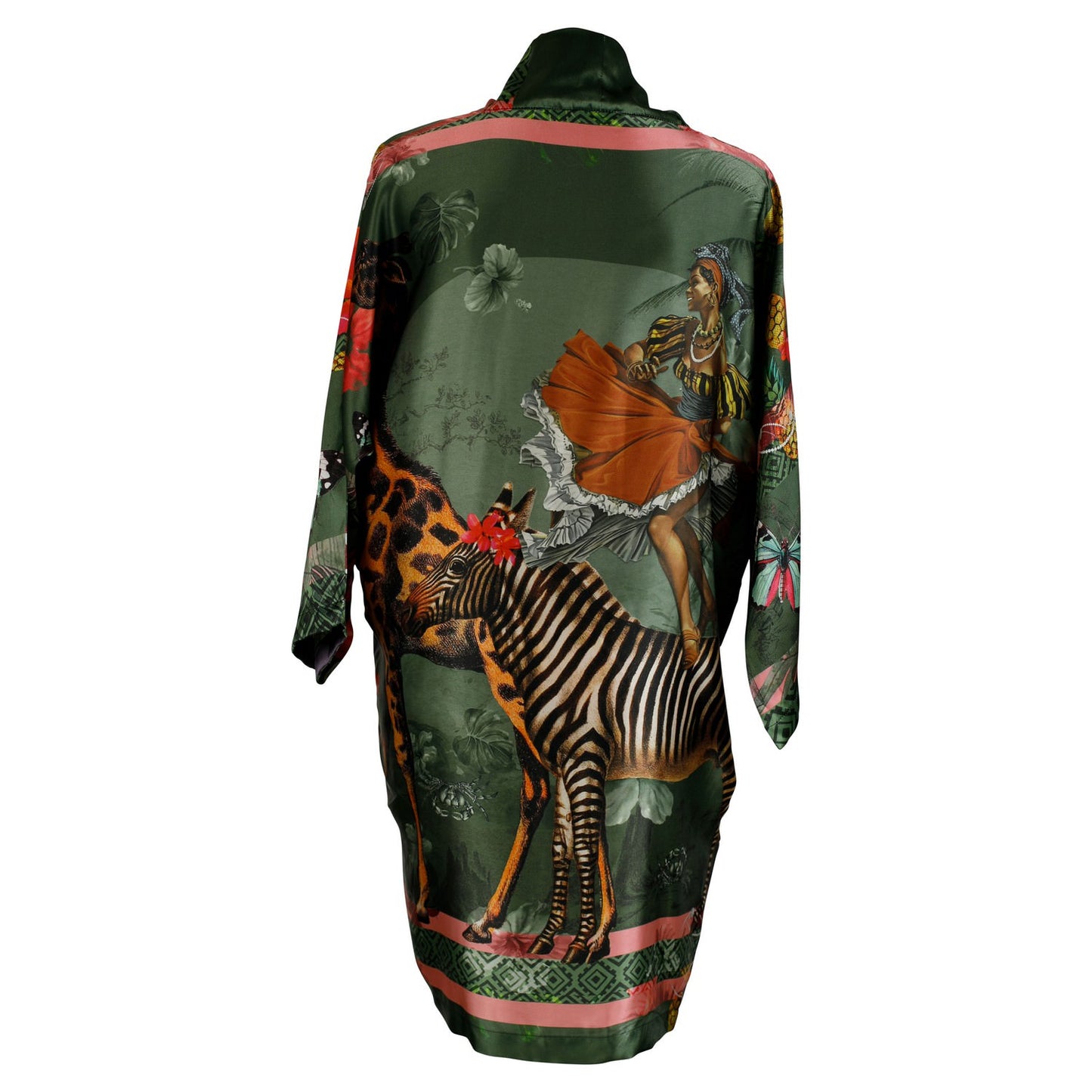 Back view of luxury 100% silk Kimono in a maximalist Carnival inspired design against an olive background