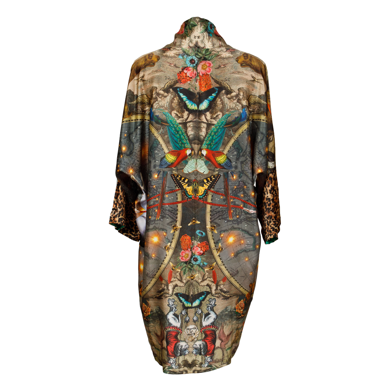 Back view of luxury 100% silk Kimono in a maximalist tropical inspired design combined with Le Cirque Du Monde print