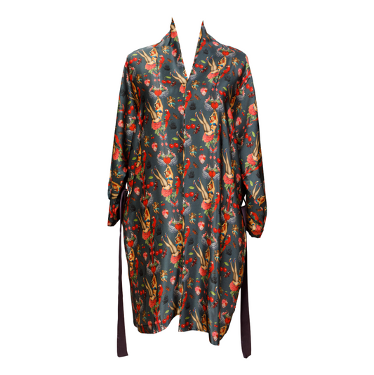 Luxury 100% silk kimono in a maximalist retro pinup design with cherries called - Cherry Love Bomb