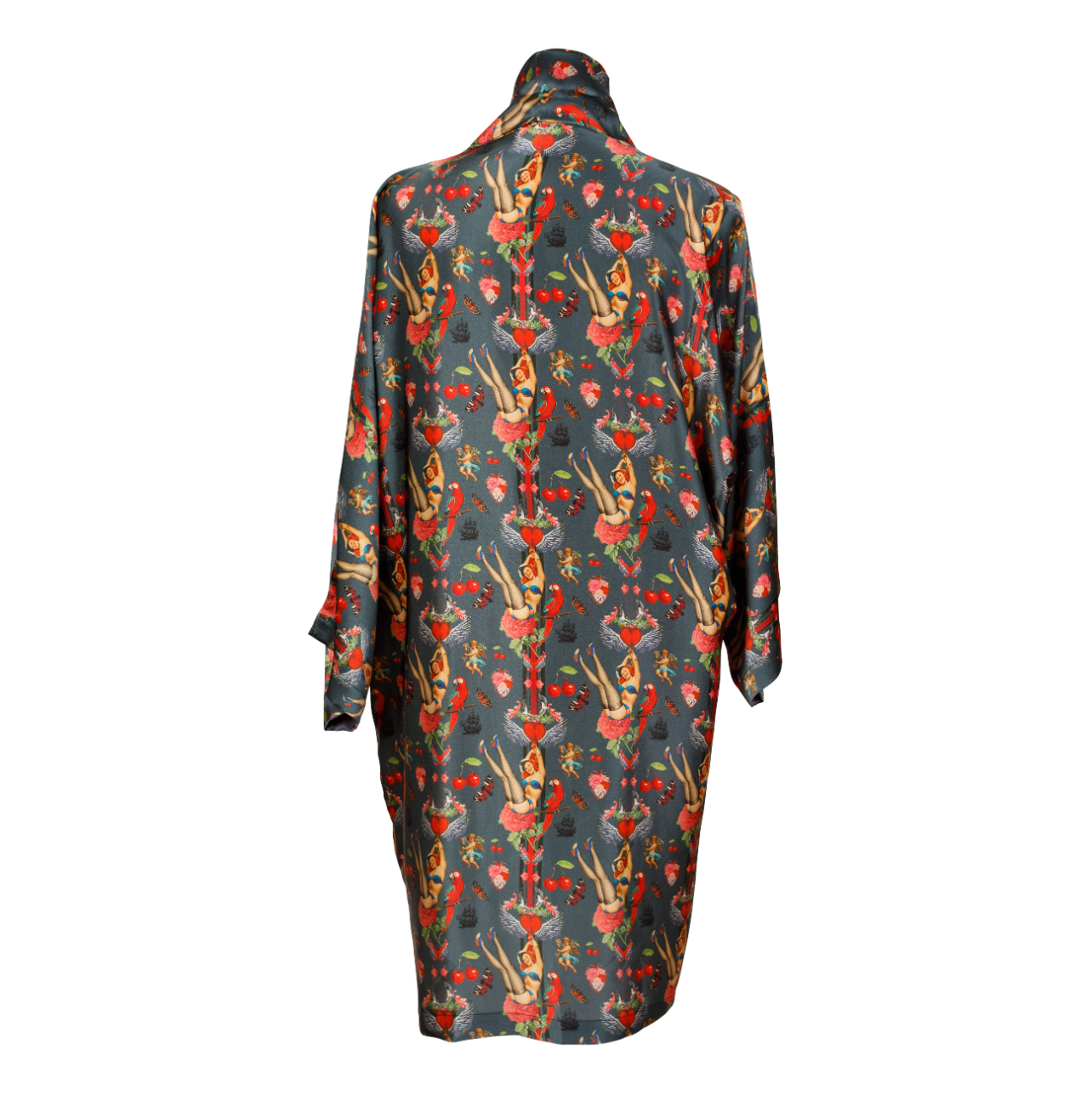 Back view luxury 100% silk kimono in a maximalist retro pinup design with cherries
