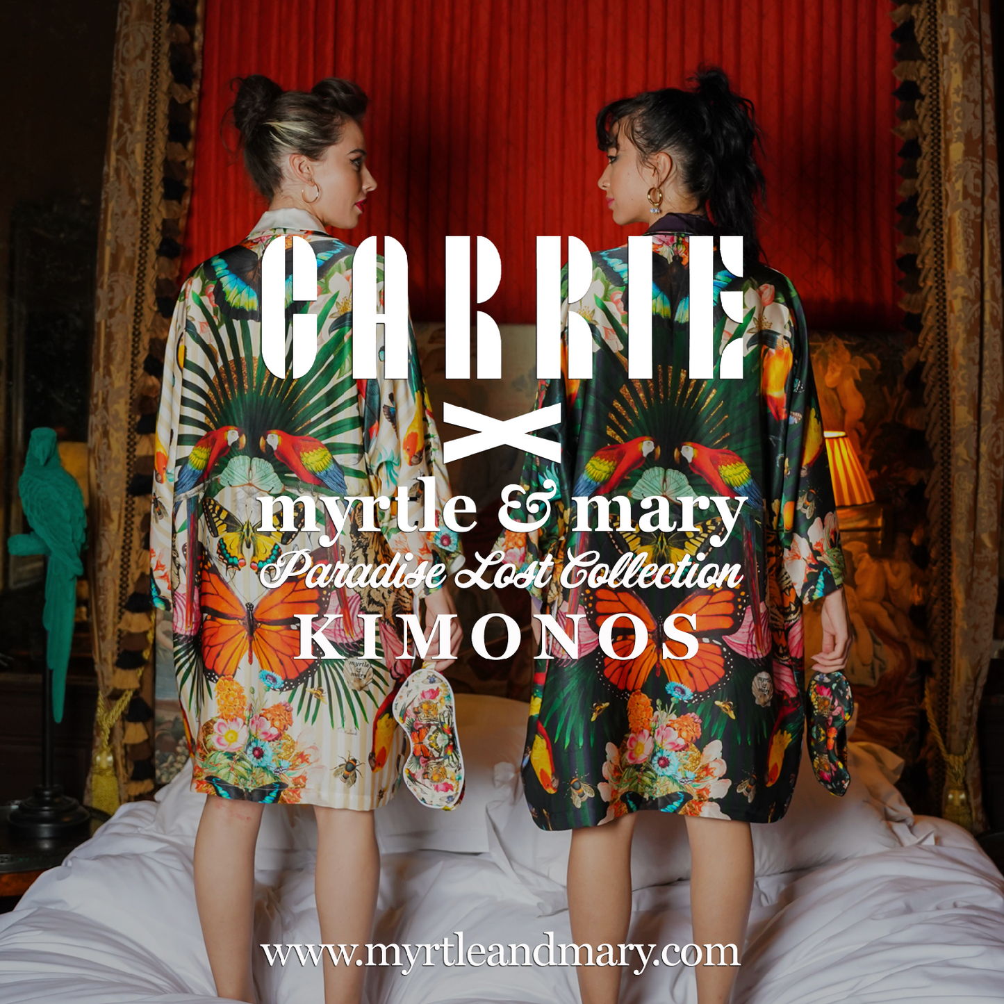 A female model showing the back view of luxury 100% silk Kimono in a maximalist tropical inspired design against a dark background