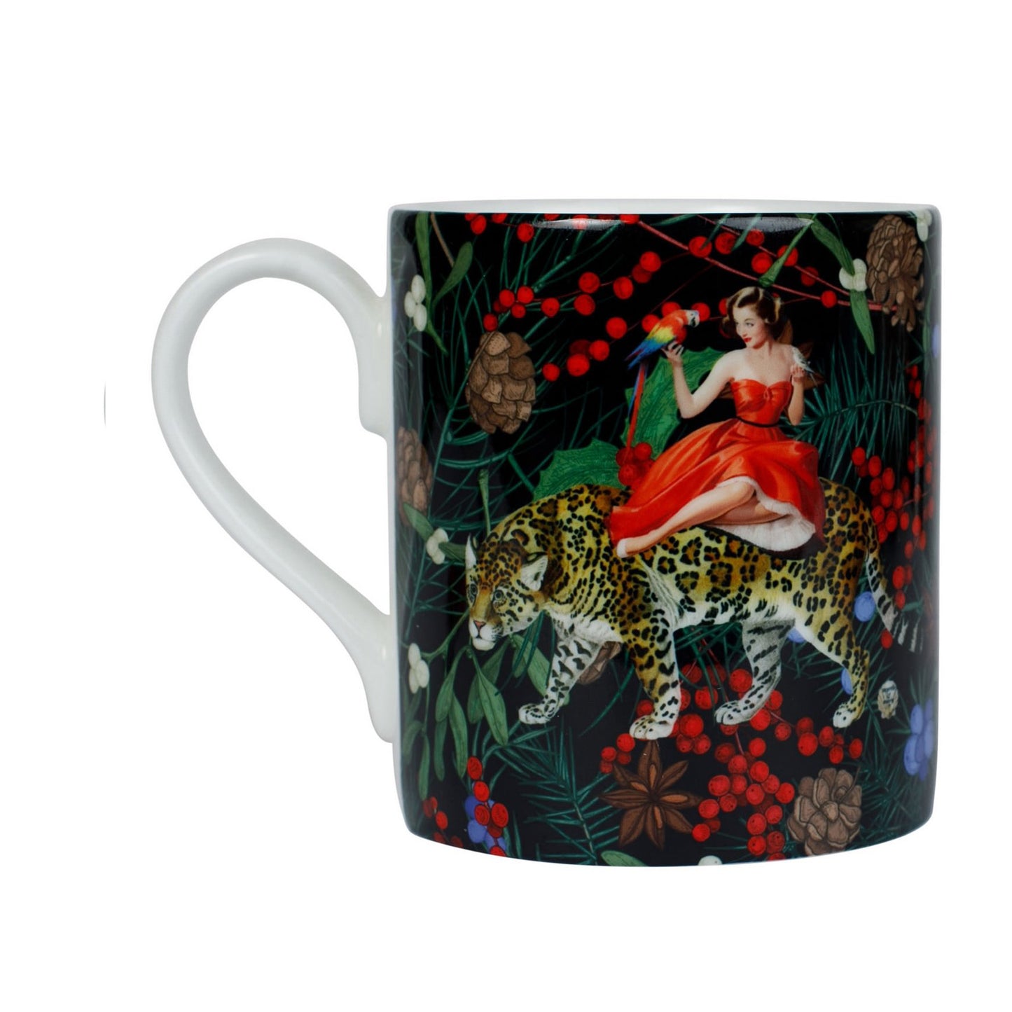 Luxury bone china coffee cup in a maximalist festive animal fairytale design called - Festive Mary