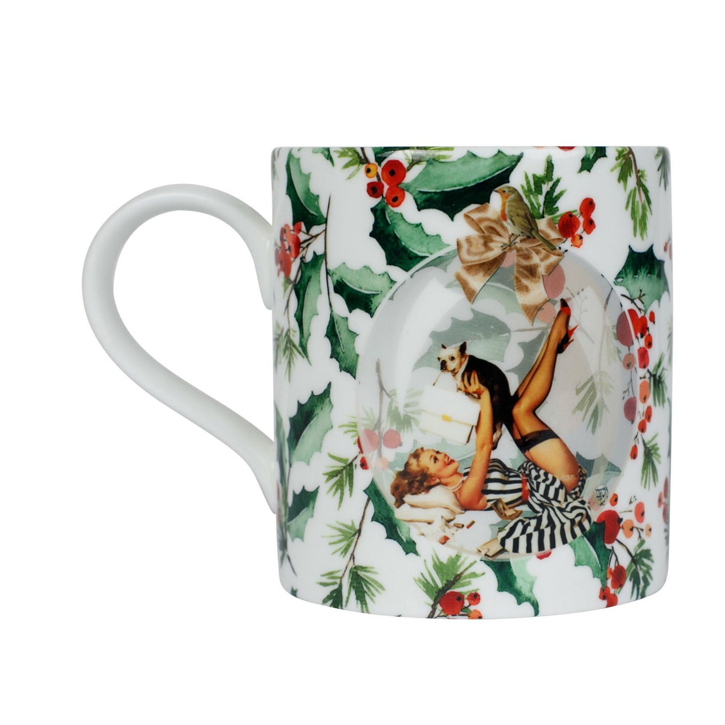 Luxury bone china coffee cup in a maximalist festive design called - Festive Holly