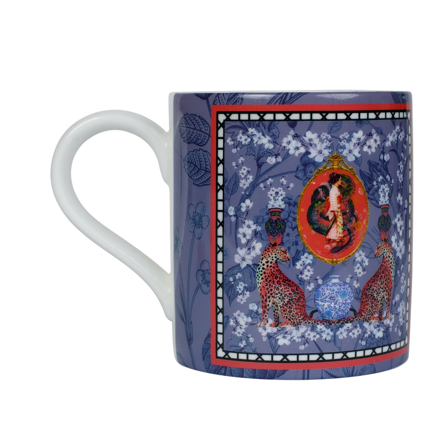 Luxury bone china coffee cup in a maximalist oriental inspired design called - Mishcka Bluebell
