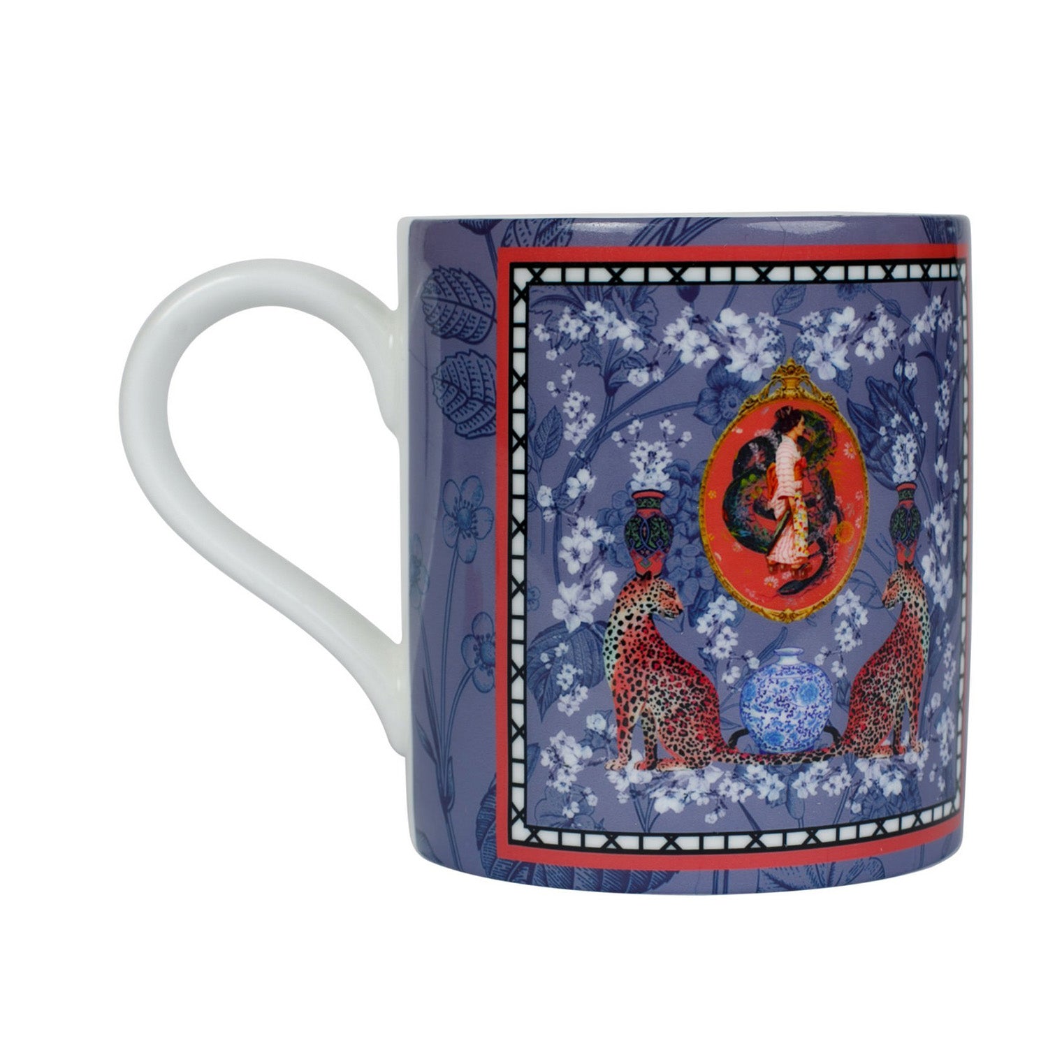Luxury bone china coffee cup in a maximalist oriental inspired design called - Mishcka Bluebell