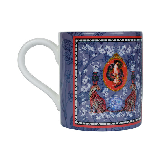 Luxury bone china coffee cup in a maximalist oriental inspired design called - Mishcka Bluebell