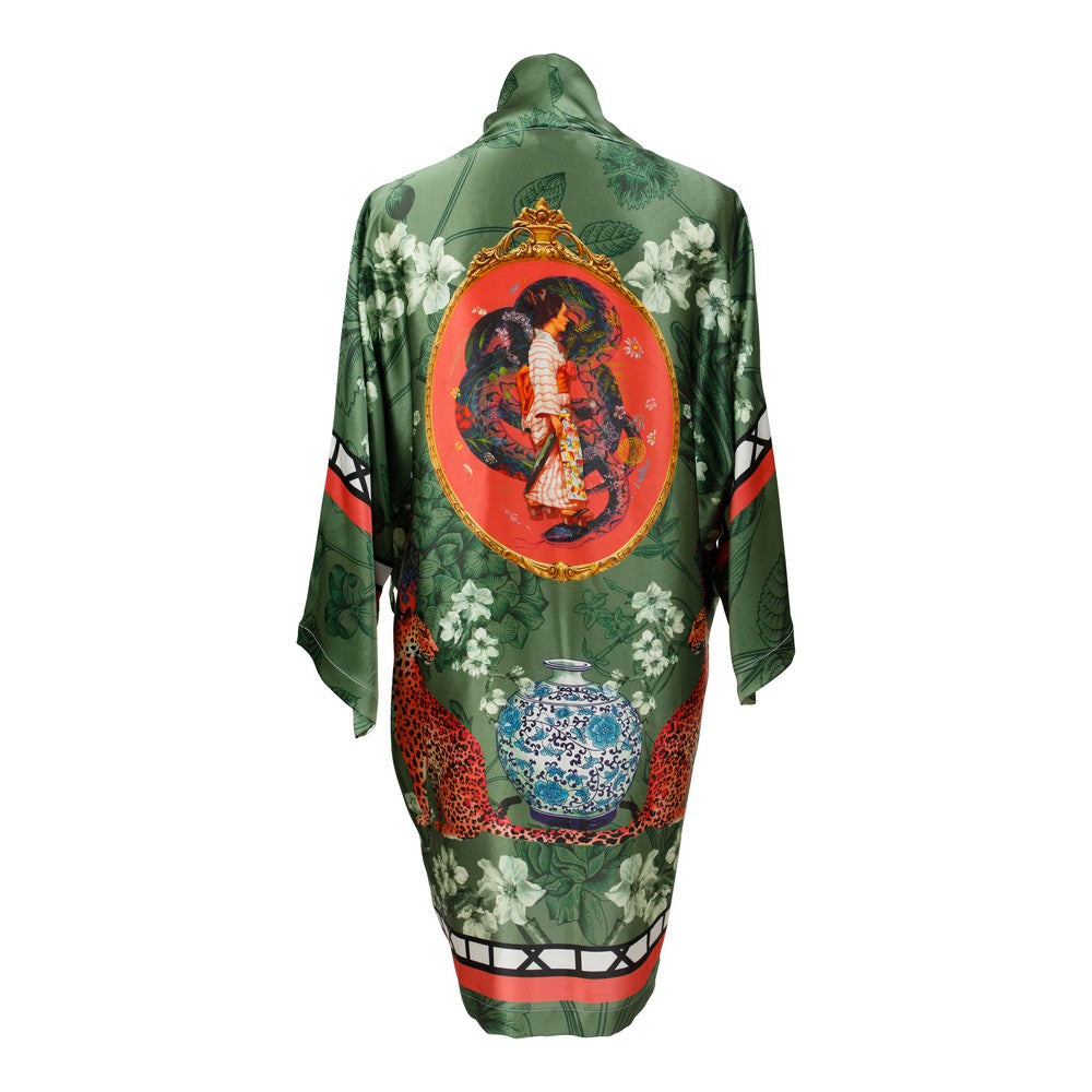 Back view of luxury 100% silk Kimono in a green maximalist oriental inspired design