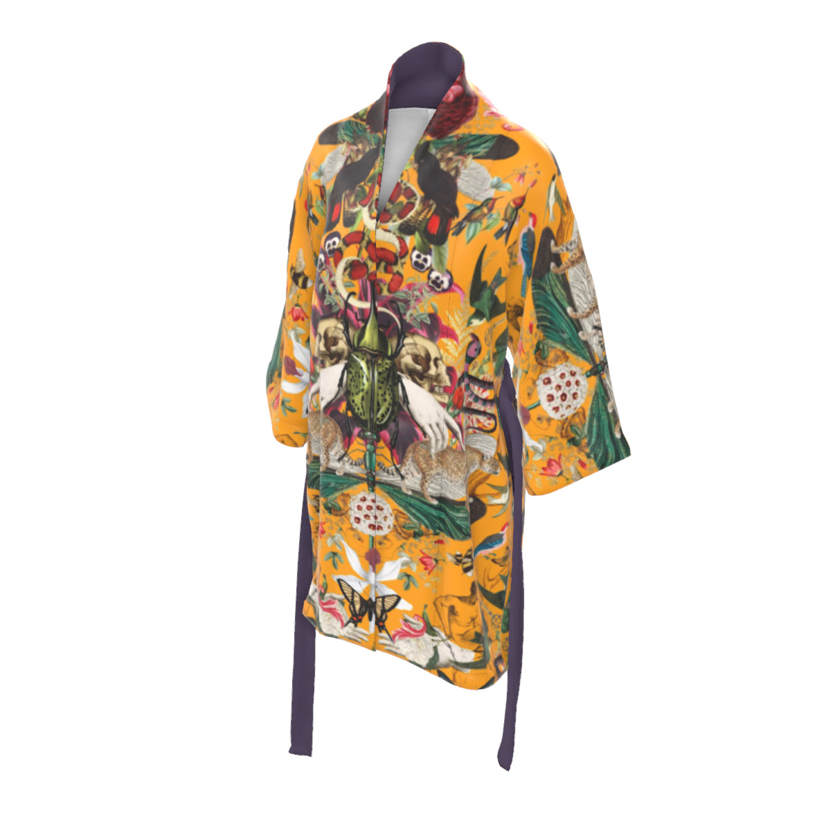 A luxury 100% silk kimono in a maximalist vintage curio design 