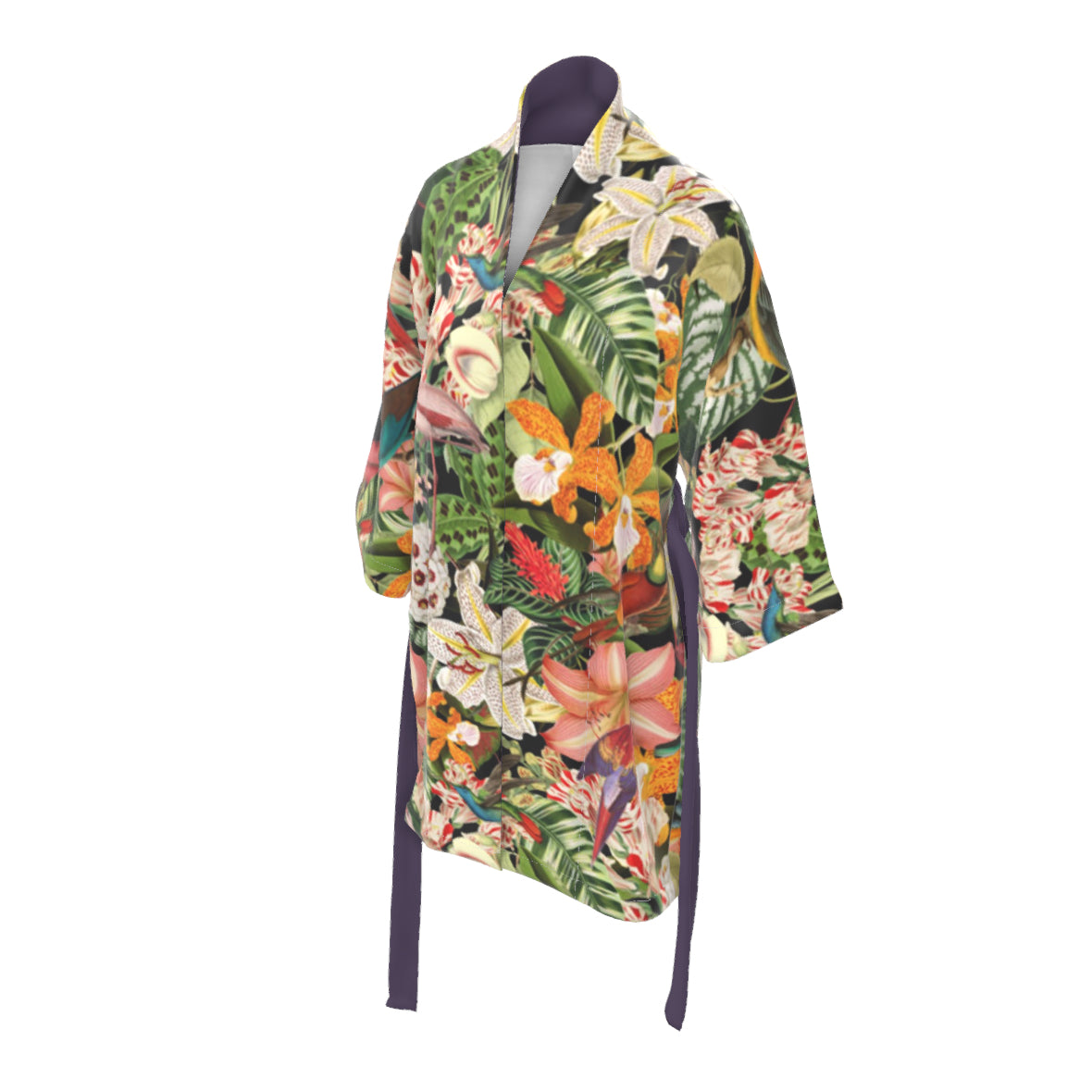 A luxury 100% silk Kimono in a maximalist tropical floral inspired design called - Tropical Bomb