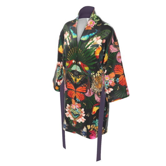 A luxury 100% silk Kimono in a maximalist tropical inspired design against a solid black background called - Paradise Lost Noir