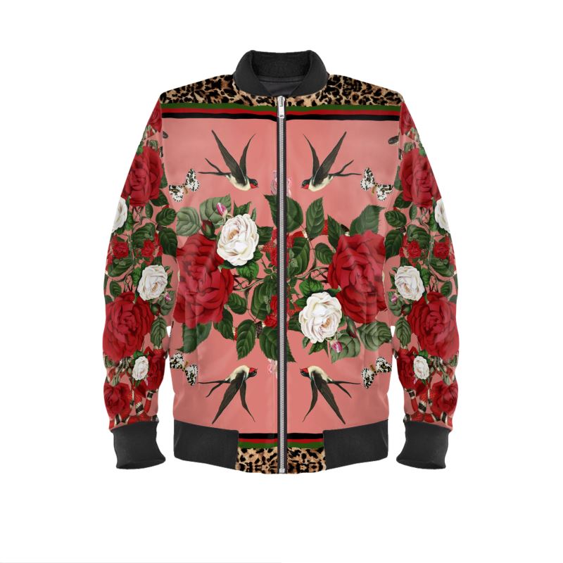 Rock 'N' Roses Women's Satin Bomber Jacket - Flamingo