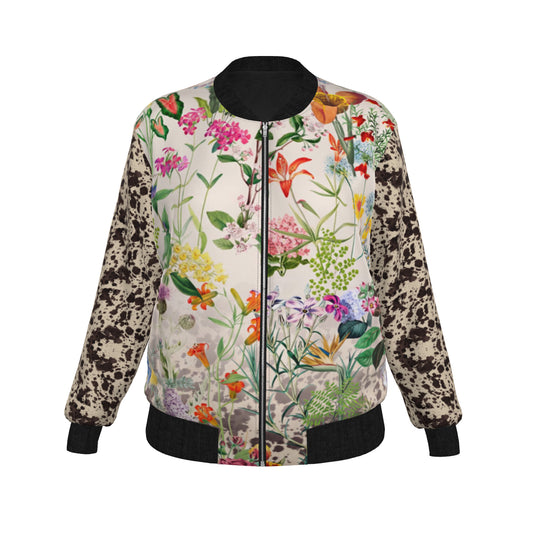 Bloom Fade Cow Print Women's Satin Bomber Jacket