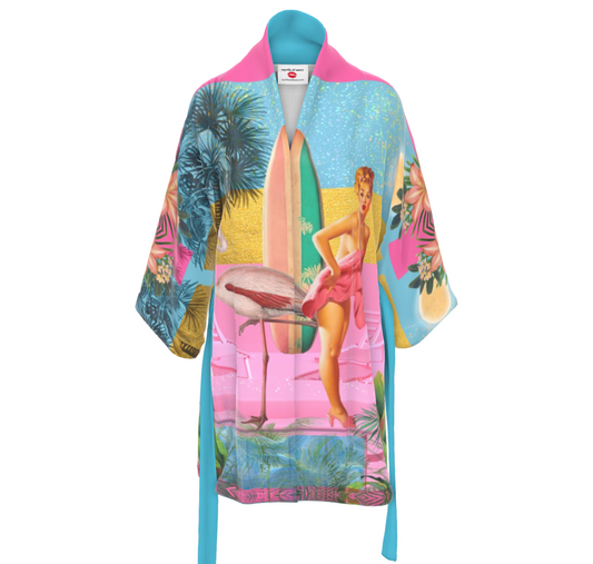 Luxury 100% silk kimono in a maximalist pink retro barbie design