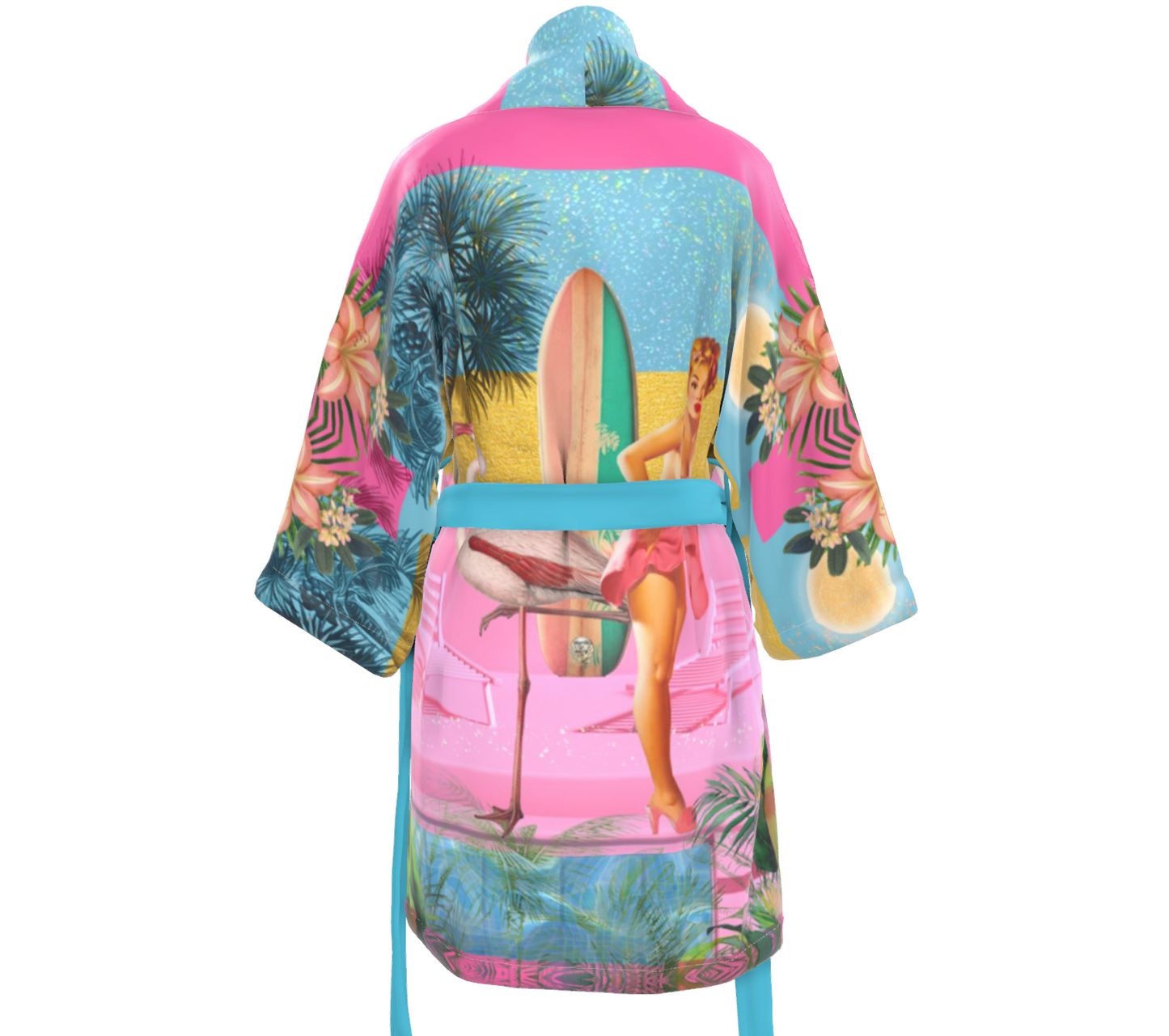 back view of a Luxury 100% silk kimono in a maximalist pink retro barbie design