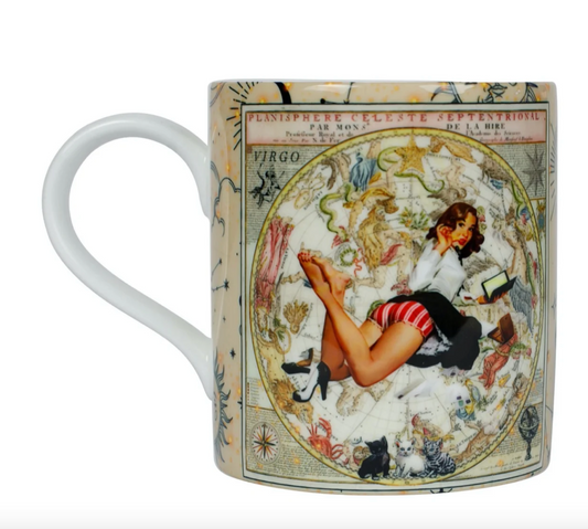 Luxury bone china coffee mug in a maximalist design, Virgo zodiac print 