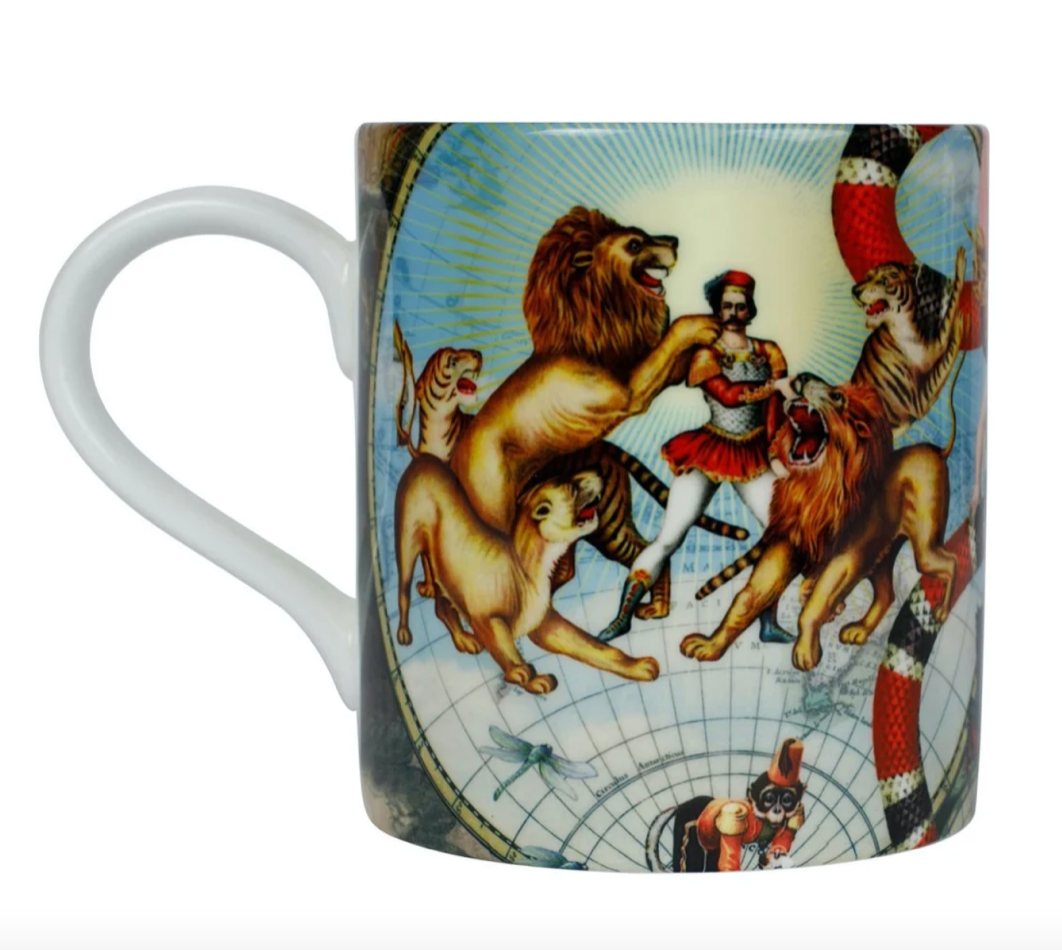 Luxury bone china coffee cup in a maximalist circus design called - Le Cirque Du Monde