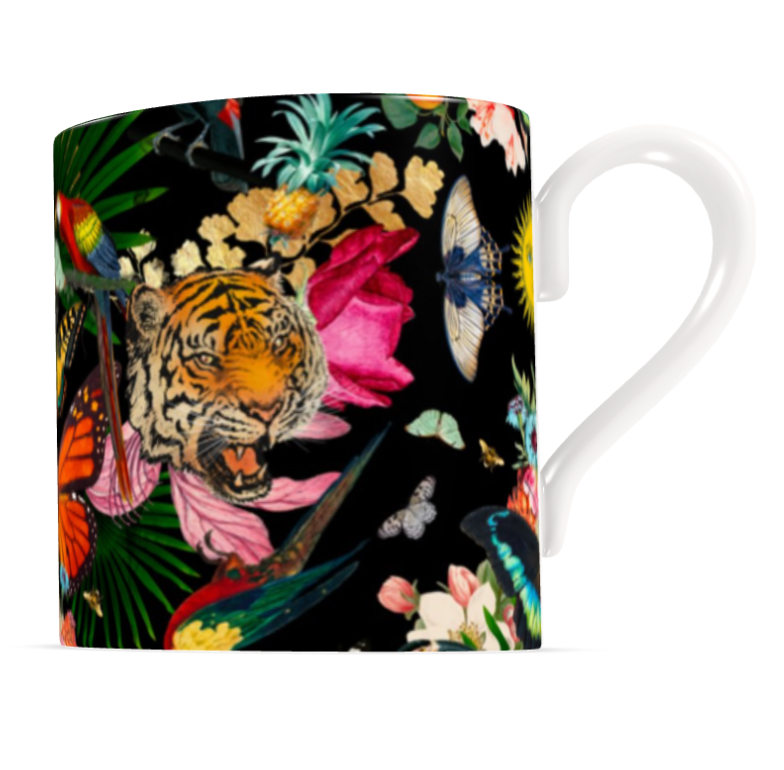 Luxury bone china coffee cup in a maximalist black tropical design called - Paradise Lost 'Noir''