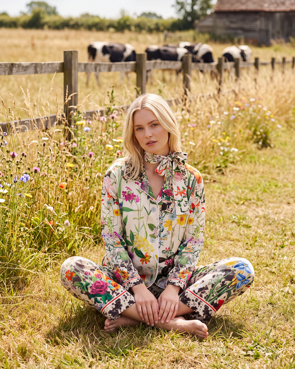 Bloom Fade Cow Print Silk Bottoms