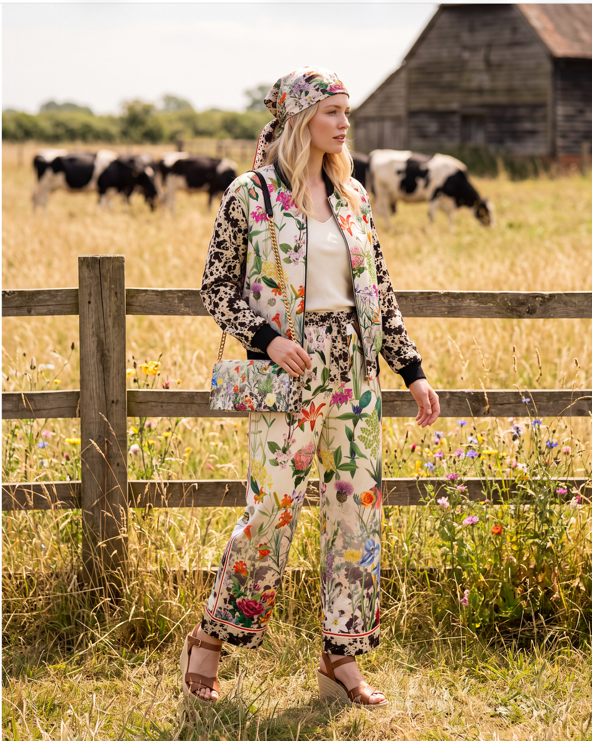 Bloom Fade Cow Print Silk Bottoms
