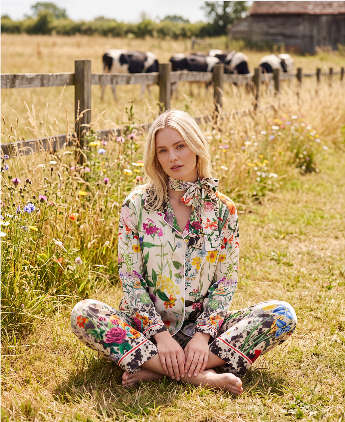 Bloom Fade Cow Print Silk Hair Scarf