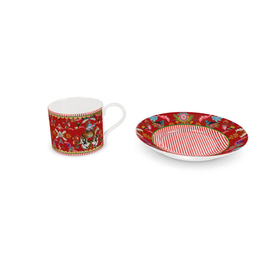 Menagerie Coffee cup and Saucer- Red Berry