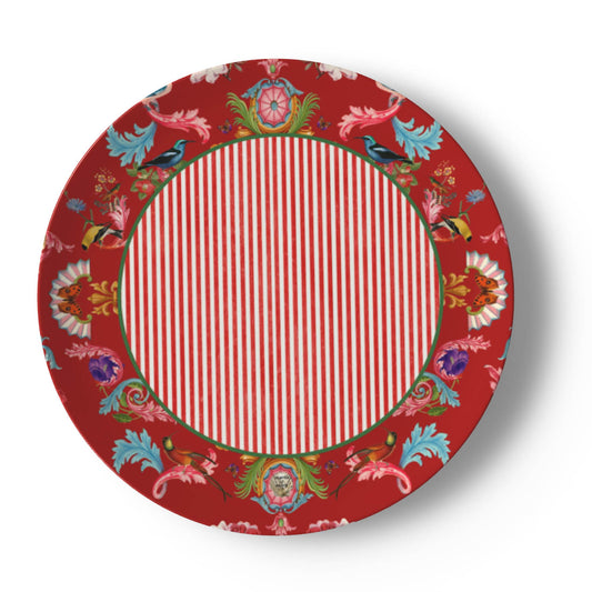 Menagerie Dinner Striped Plate -  Red Berry Trim