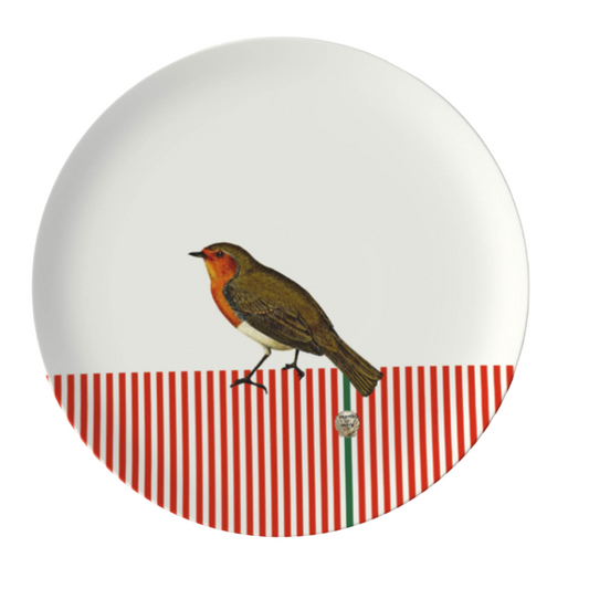 Candy Cane Robin China Plate - Red