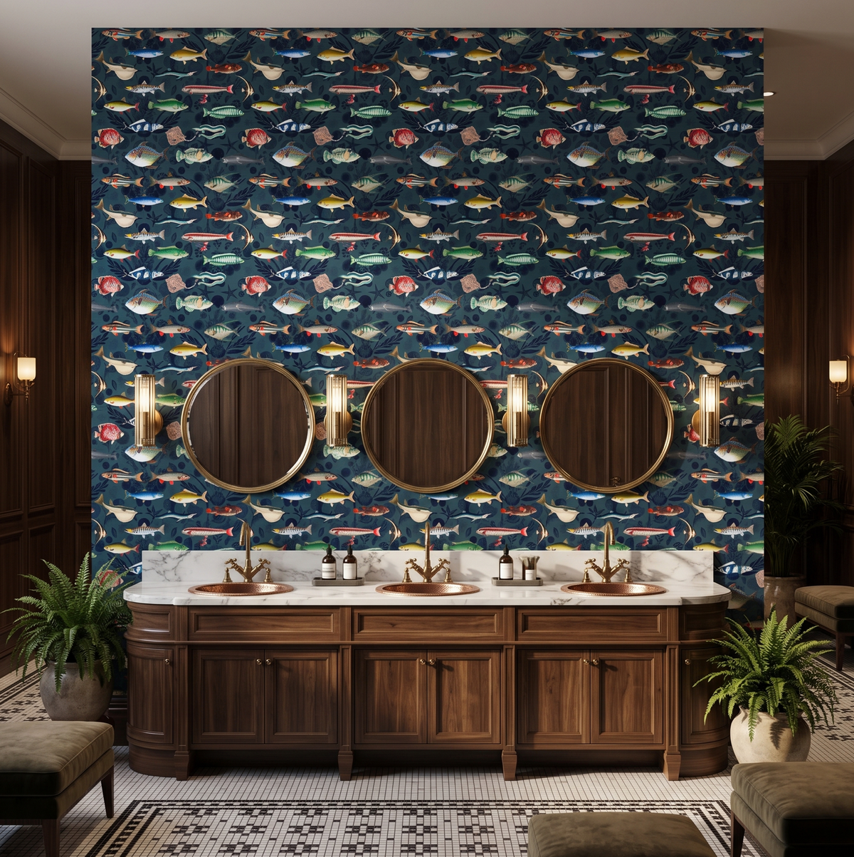 shoal_inky_roomset Carrie Neely for myrtle and Mary fish wallpaper