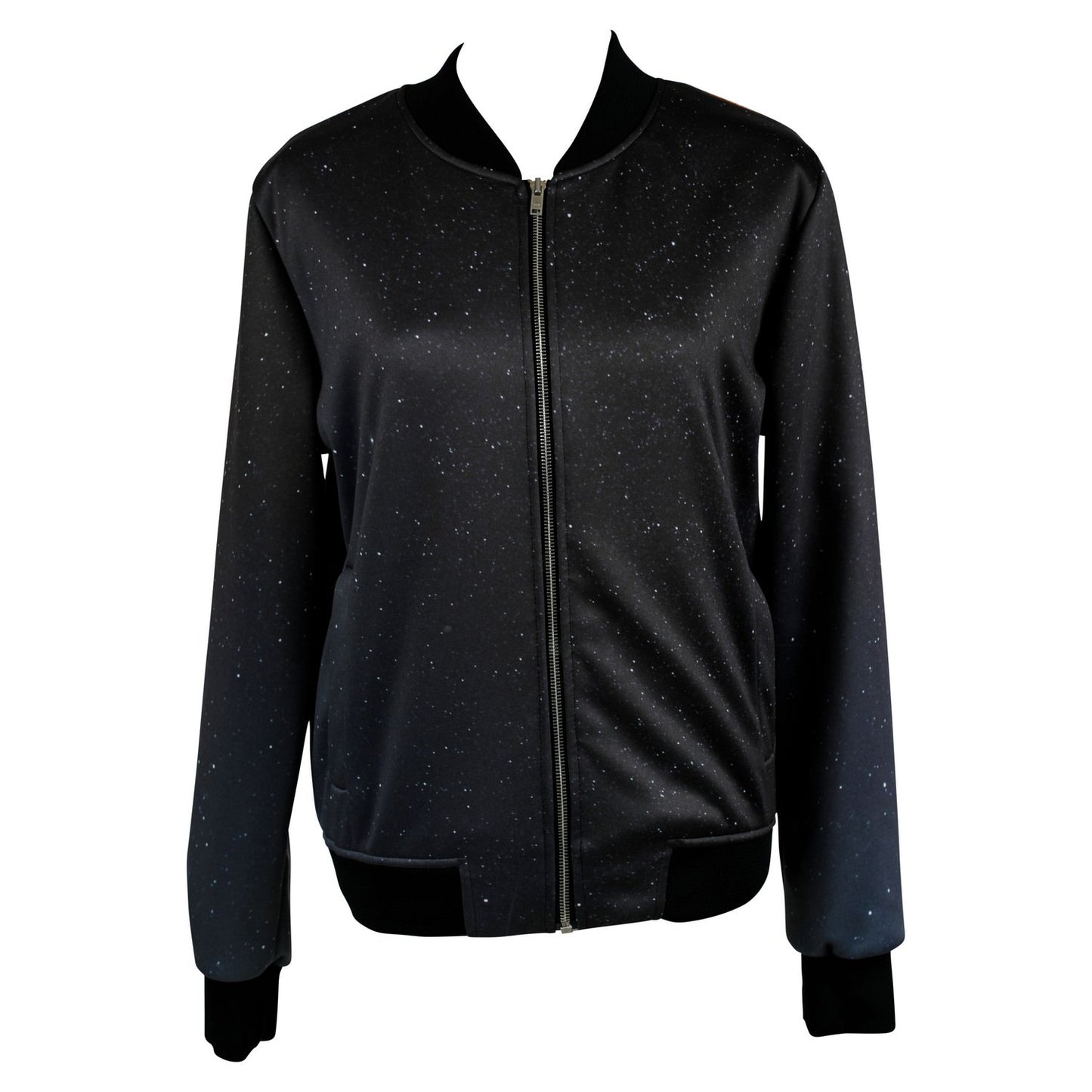 Front view of luxury softshell bomber jacket in black with star print