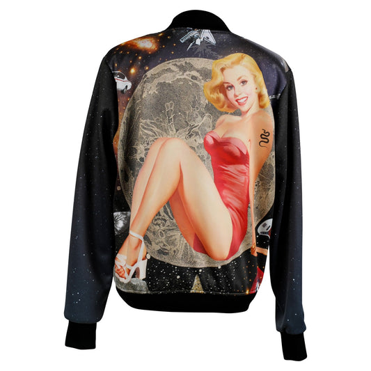 A luxury softshell bomber jacket in a maximalist retro Pin Up design called - Gigi