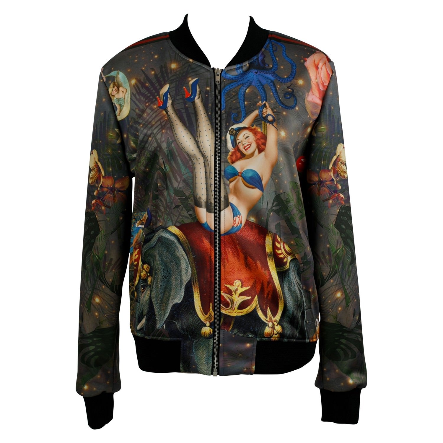 A luxury softshell bomber jacket in a maximalist retro pinup design called - Fifi