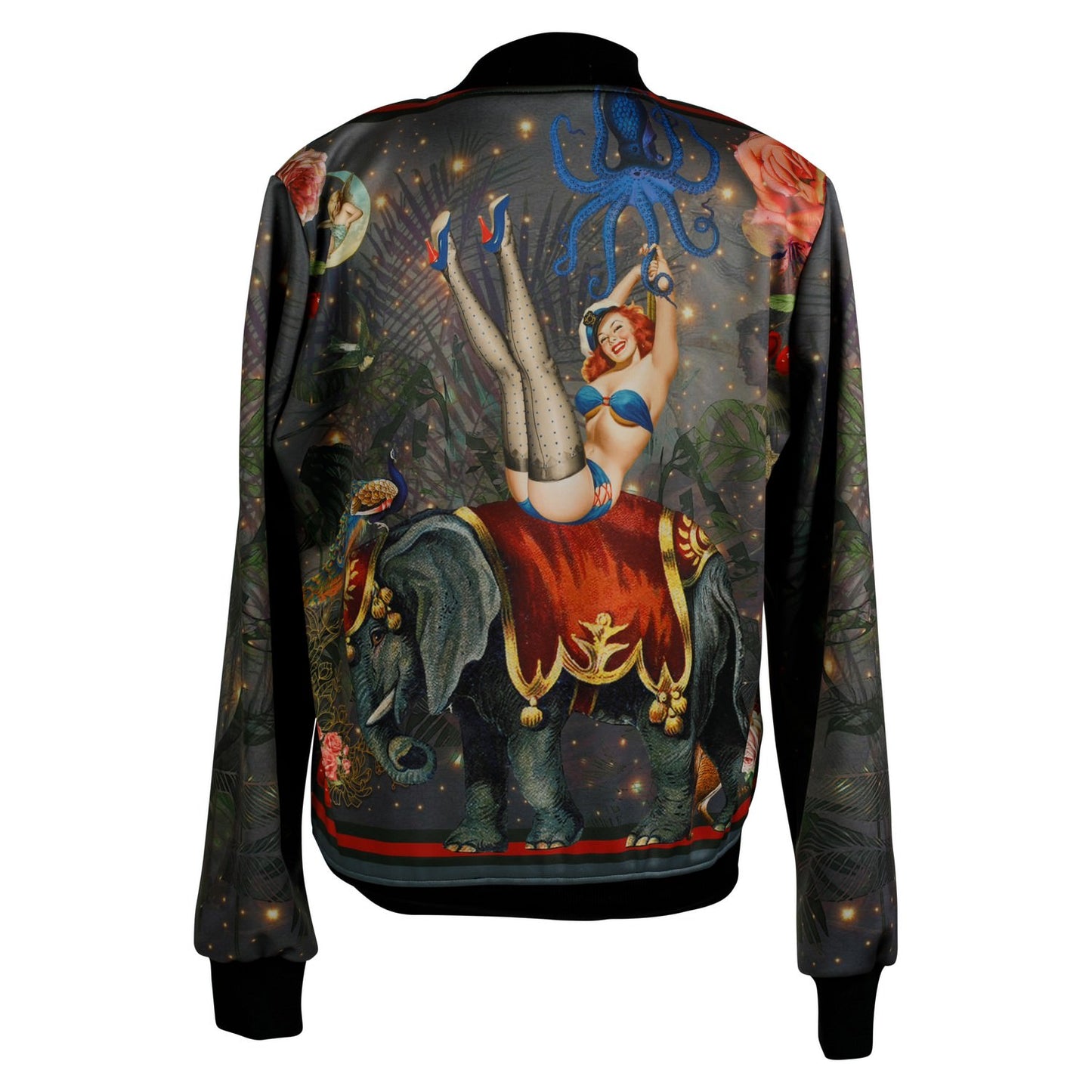 Back view of luxury softshell bomber jacket in a maximalist retro pinup design
