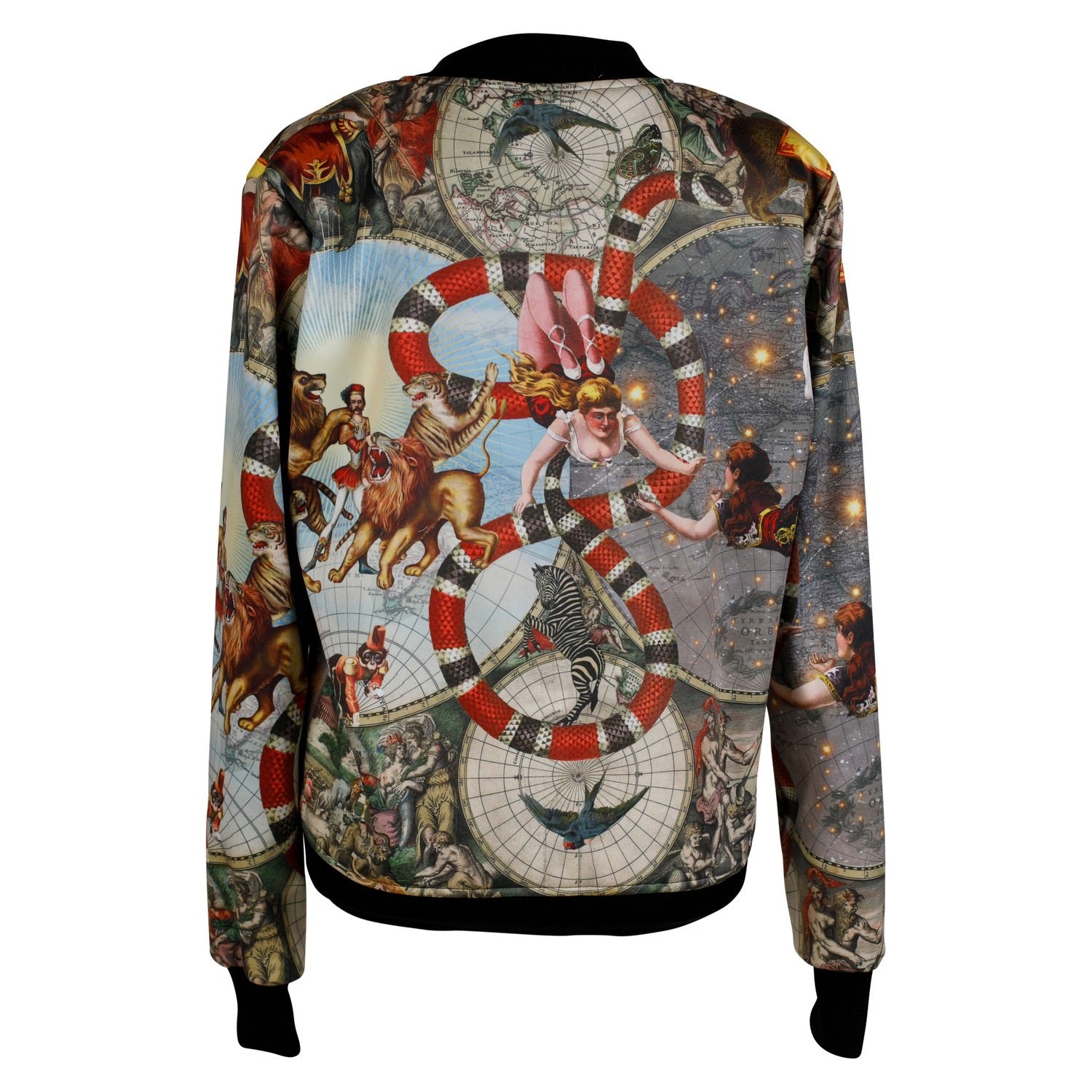 Back view of luxury softshell bomber jacket in a maximalist Circus inspired design