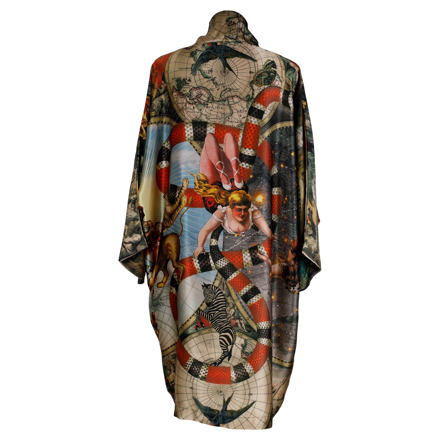 Back view of luxury 100% silk kimono in a maximalist Vintage Circus design