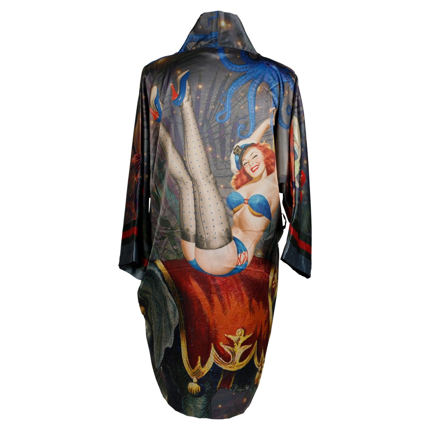 Back view of luxury 100% silk kimono in a maximalist retro pinup design 