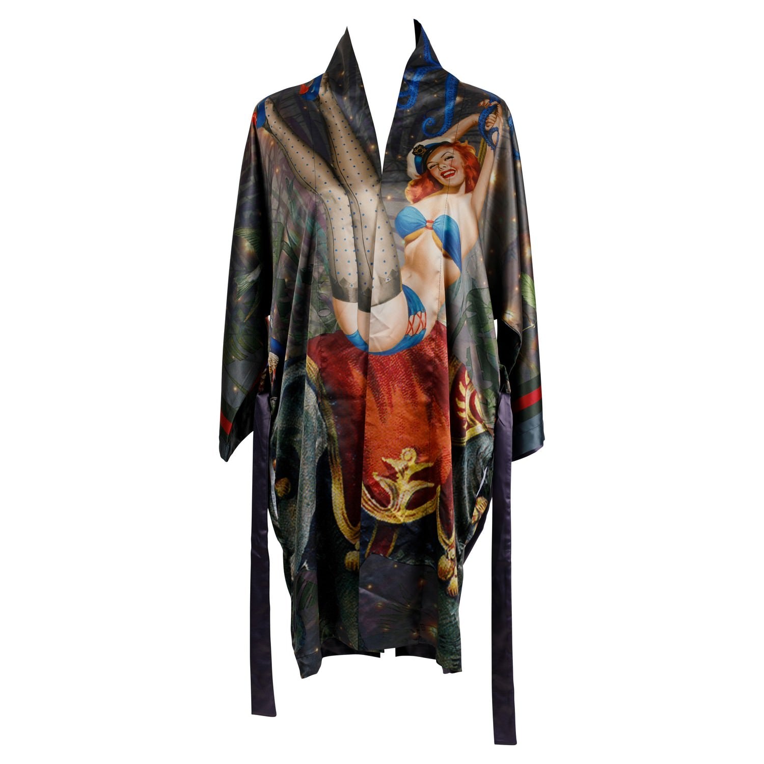 A luxury 100% silk kimono in a maximalist retro pinup design called - Fifi