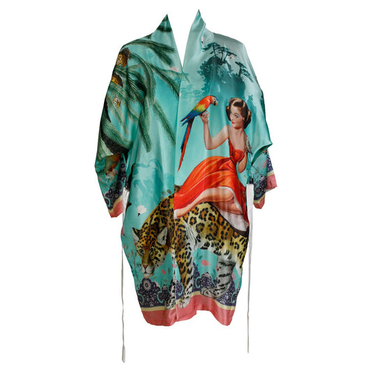 A luxury 100% silk Kimono in a maximalist vintage turquoise design called - Mary Turquoise