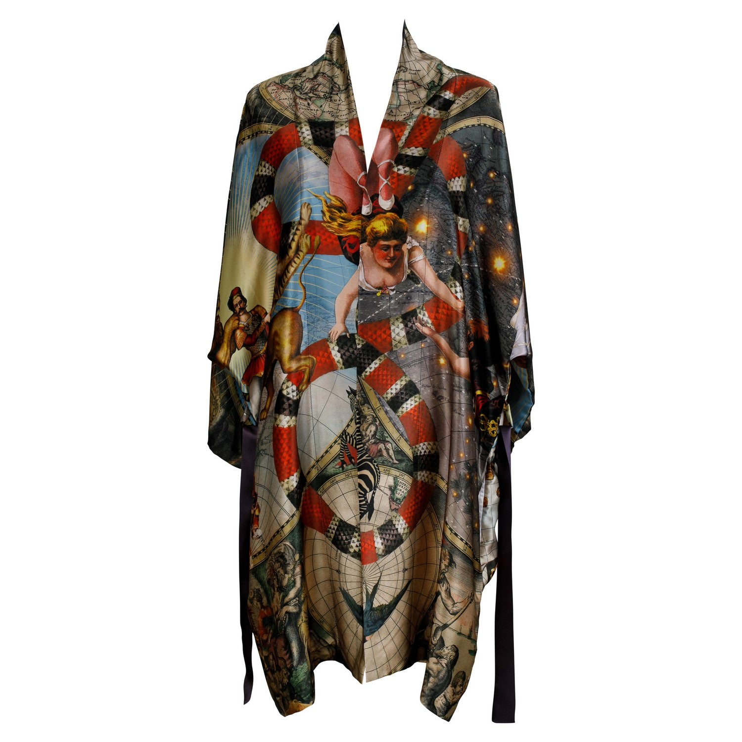 A luxury 100% silk kimono in a maximalist vintage Circus design called - Le Cirque Du Monde
