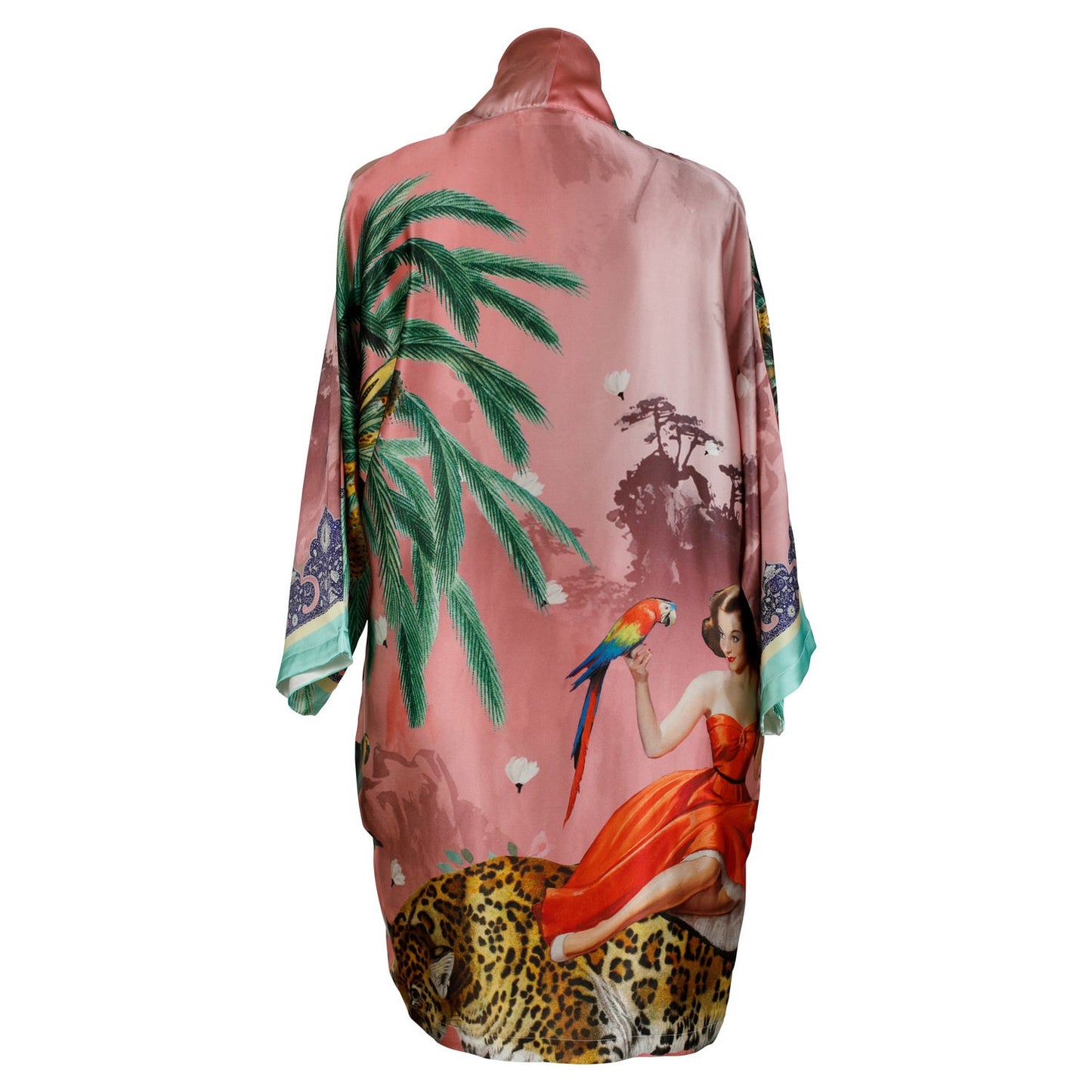 Back view of a luxury 100% silk Kimono in a maximalist vintage pink design