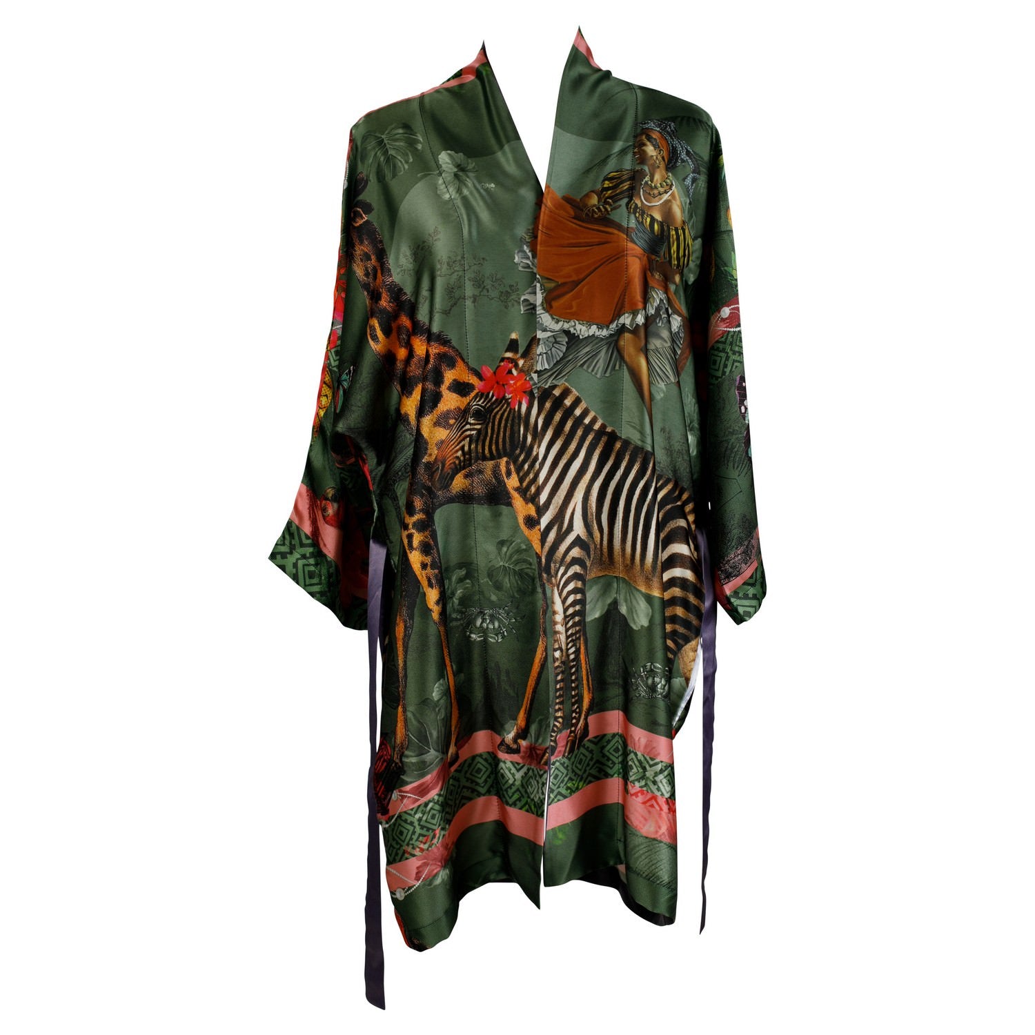 A luxury 100% silk Kimono in a maximalist Carnival inspired design against an olive background called -  Riri Olive