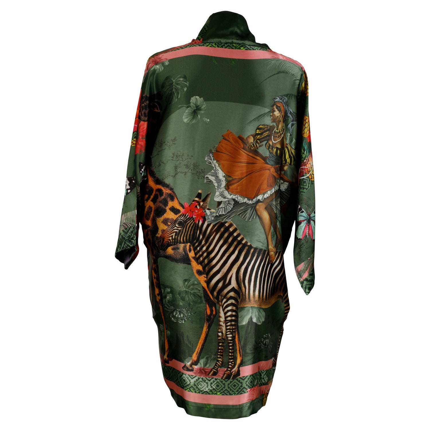 Back view of luxury 100% silk Kimono in a maximalist Carnival inspired design against an olive background 
