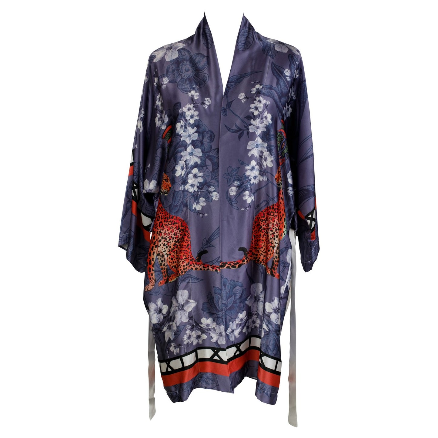 A luxury 100% silk Kimono in a maximalist oriental inspired design called - Mishcka Bluebell