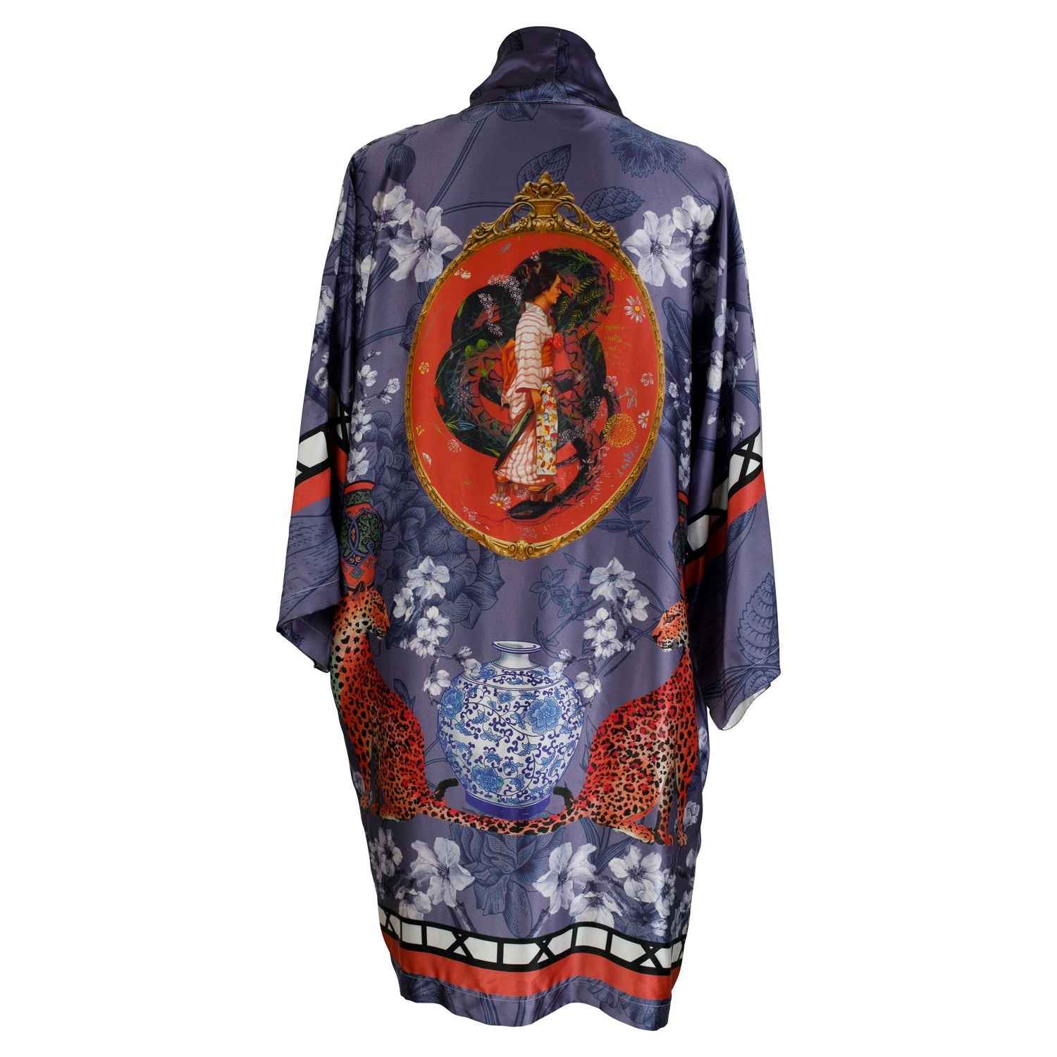 Back view of luxury 100% silk Kimono in a blue maximalist oriental inspired design 